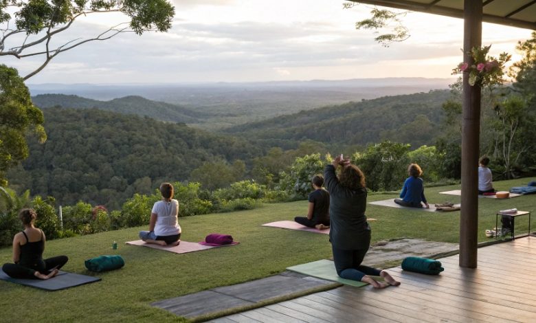 Group practicing yoga and sound healing at Mellulah retreat to reduce stress and anxiety