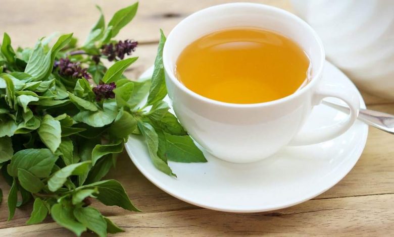 Vibrant green holy basil leaves sit in a white ceramic cup, ready for brewing a calming Tulsi tea