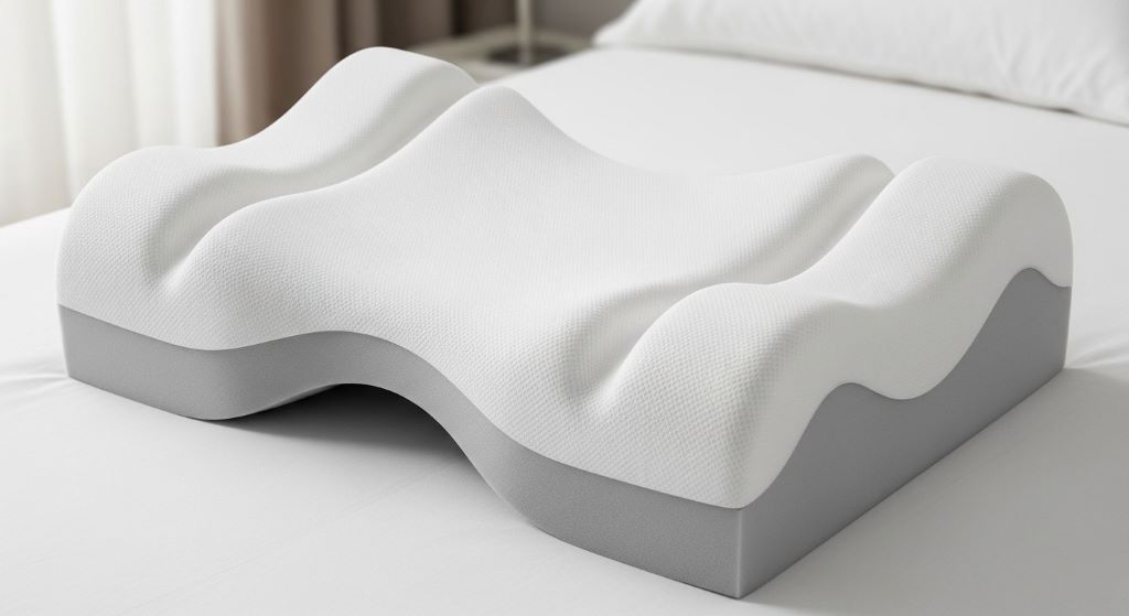 Memory foam cervical pillow with raised edges for proper spine support