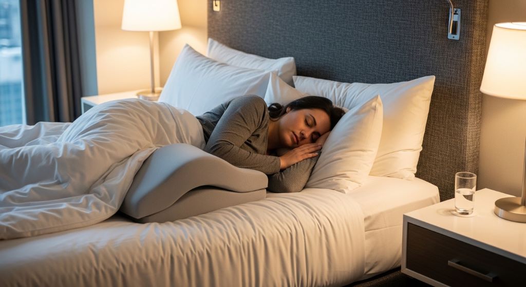 A person sleeping on their side in a hotel bed with a contoured memory foam knee pillow positioned between their knees for proper hip and joint alignment