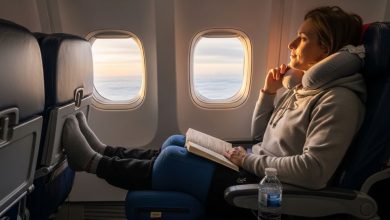 A traveler resting in an airplane seat with a compact orthopedic knee pillow placed under both knees for support during a long flight