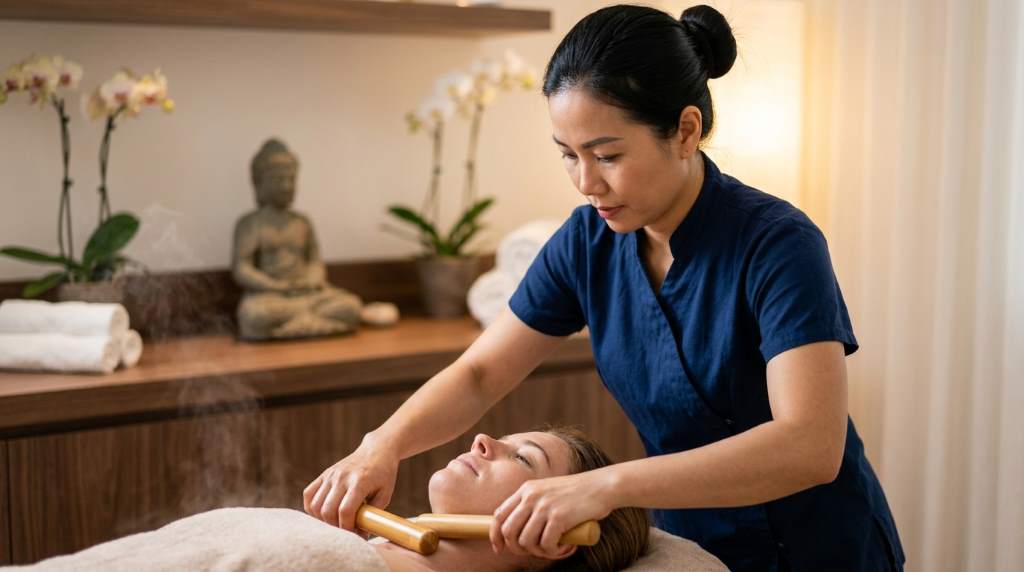 Calm spa interior in Miami featuring Asian-inspired massage therapy and holistic wellness treatments