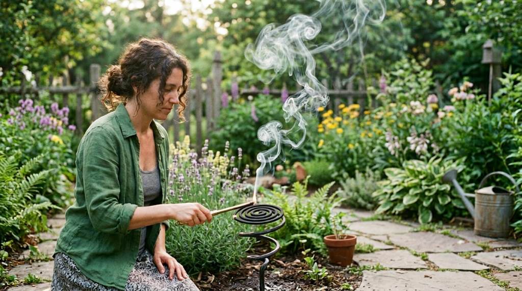 Person lighting outdoor incense coil in a garden with visible smoke patterns