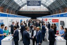 Visitors speaking with hospital and clinic representatives at exhibitor stands during the Manchester International Health Tourism Expo 2026 inside the historic Manchester Central Convention Complex