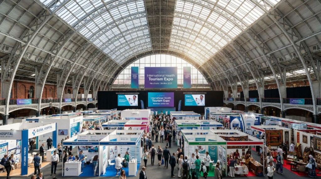 The Victorian arched roof and modern exhibition floor of Manchester Central Convention Complex hosting the International Health Tourism Expo in October 2026