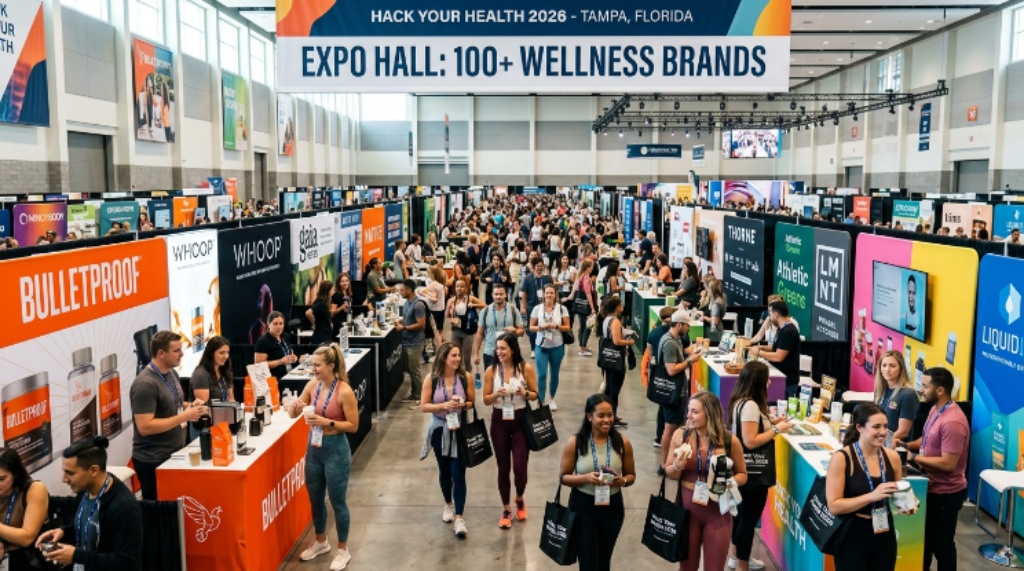 Attendees exploring the expo hall with 100+ wellness brands at Hack Your Health 2026 in Tampa Florida