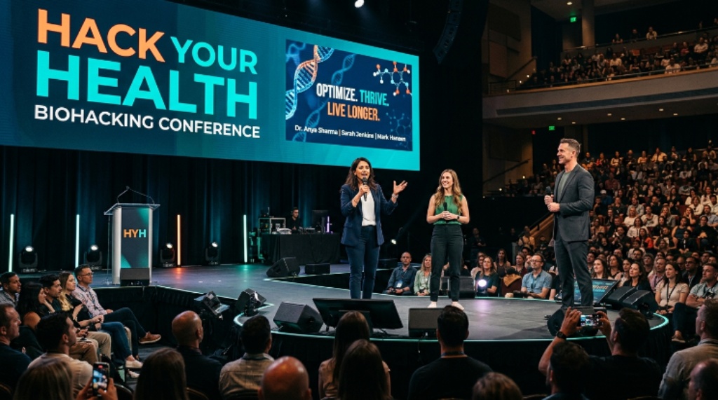 Health and wellness speakers presenting on stage at the Hack Your Health biohacking conference