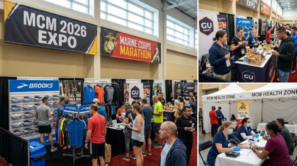 Exhibitor booths and health screenings at the MCM 2026 fitness expo with visitors exploring running gear and nutrition products