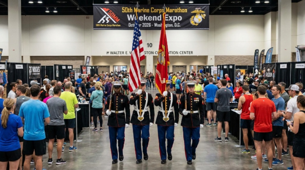Marine Corps Color Guard performing at the Marine Corps Marathon weekend expo event in Washington DC October 2026