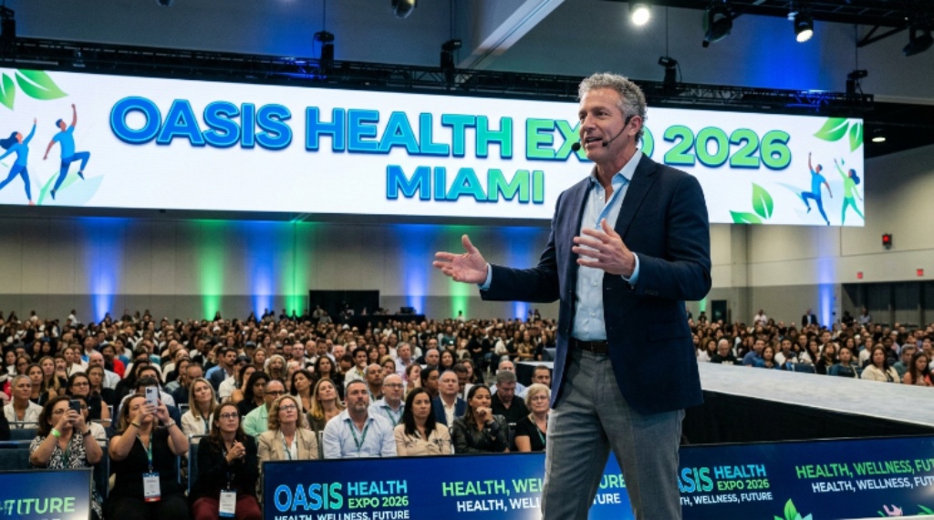 Health expo speaker presenting on stage to a large audience at the Oasis Health Expo 2026 Miami event