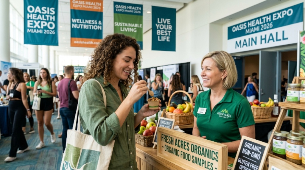 Visitor tasting organic food samples at a wellness exhibitor booth during the Oasis Health Expo Miami 2026
